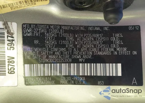 2012 Toyota Sienna Xle V6 8 Passenger из США, поврежденный, VIN 5TDYK3DC2CS253938